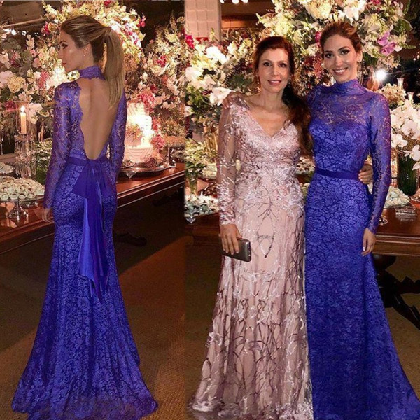 Royal Blue Sexy Evening Dresses Long Sleeves Backless Mermaid Formal Occasion Prom Party Gown robes de soirée