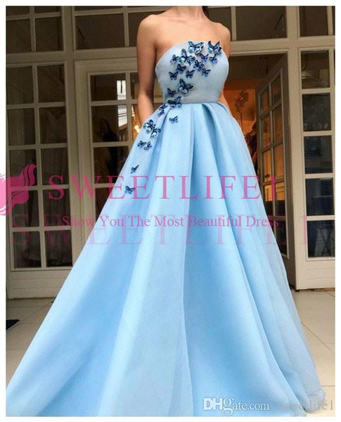 Light Sky Blue Strapless Evening Dresses 3D Flora Appliques Butterfly A Line Tulle Formal Occasion Prom Party Dresses Custom Made