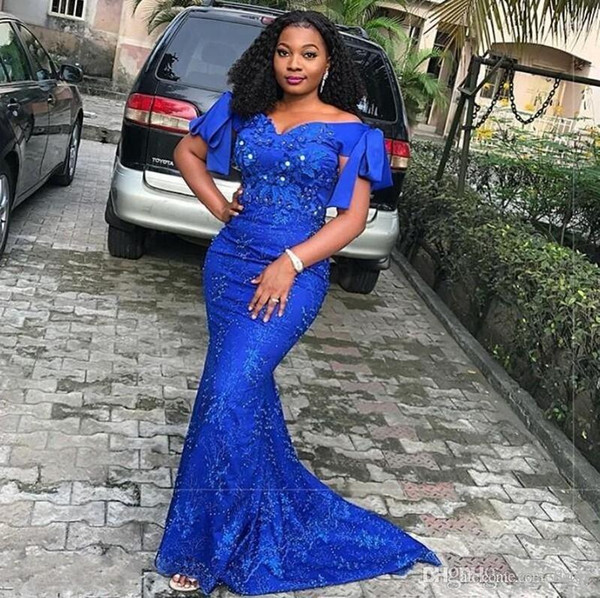 Royal Blue Mermaid Evening Dresses Plus Size V Neck Lace Prom Dress Long African Wear Party robes de soirée