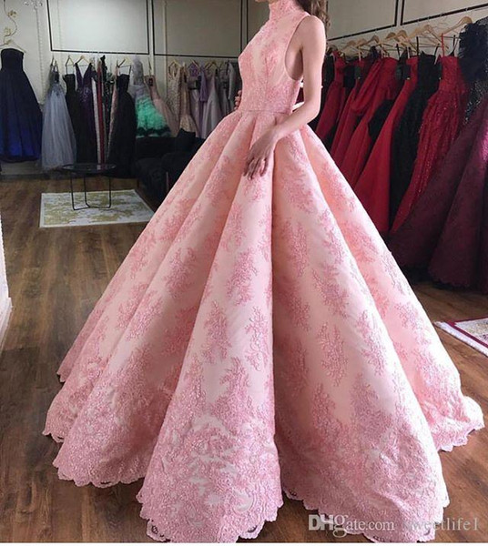 Pink High Neck Evening Dresses A Line Saudi Arabic Style Formal Evening Oaccsion Dresses Custom Made