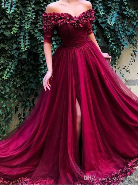 Dark Red Off the Shoulder Evening Dress 3D Flora Appliques Sexy Side Split Formal Occasion Prom Dresses Dubai Arabic Style