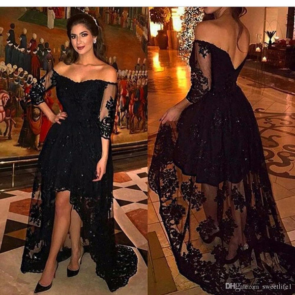 Off the Shoulder Lace Black Evening Dress High Low Plus Size A Line Prom Dress robes de soirée