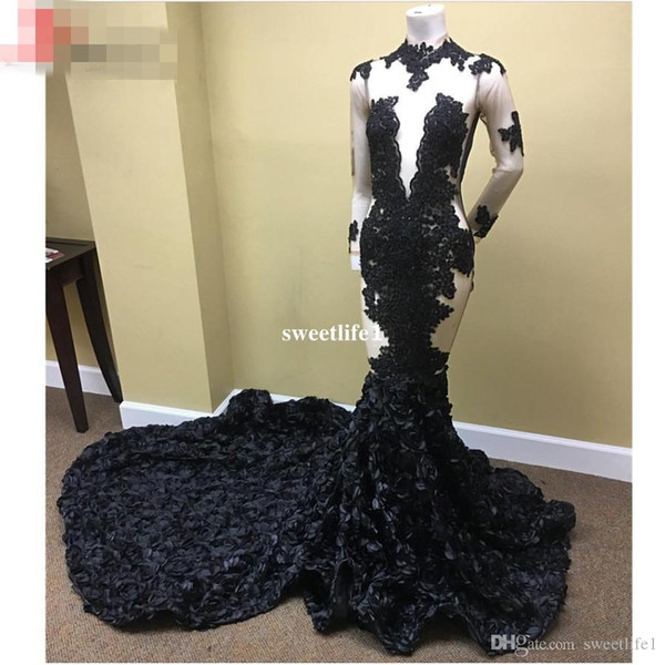 Sheer Long Sleeves Sexy Mermaid Black Evening Dresses Lace Applique Floral Prom Dress Formal Flower Party Gowns