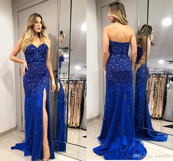 Royal Blue Glitz Beaded Crystals Evening Dresses Sexy Formal Prom Party Gown Mermaid Party Wear