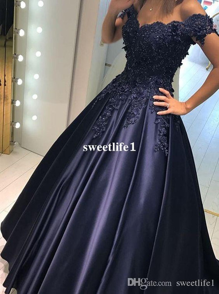 Navy Blue Appliques Beaded Evening Dresses Off the Shoulder Pleated Satin Formal Prom Occasion Dresses Custom Made