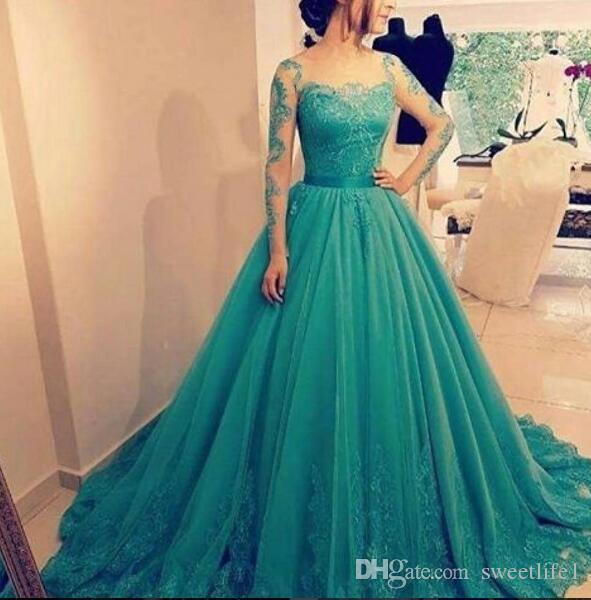 Elegant Evening Dress Prom Dress Ball Gown Sheer Neck Long Sleeves Tulle Lace Plus Size Party Wear