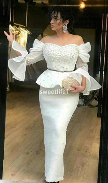 New Dubai Arabic Off The Shoulder Long Sleeve Evening Dresses Pearls Mermaid Formal Prom Party Dresses Custom Made