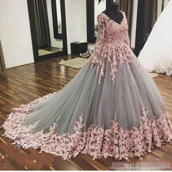 Romantic A Line Evening Dresses Pink Appliques V Neck Long Sleeve Illusion Lace Bodice Formal Gowns Dress Party Wear