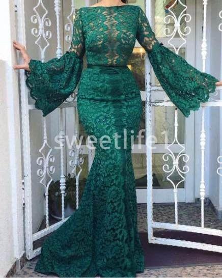 Dark Green Long Sleeve Lace Evening Dresses Bateau Neck Mermaid Sweep Train Dubai Arabic Style Formal Occasion Prom Party Dresses