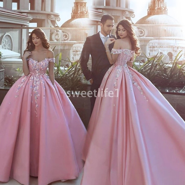 Dubai Style Off The Shoulder Evening Dresses With Flora Appliques A Line Satin Zipper Back Formal Occasion Prom Party Dresses Custom