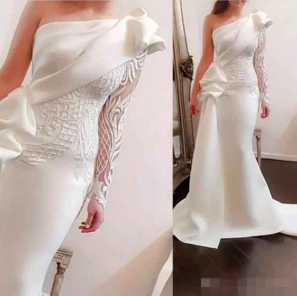 Formal Pure White Satin Mermaid Evening Dresses Party Wear One-Shoulder Lace Appliques Special Occasion Gowns Sexy Prom Dress