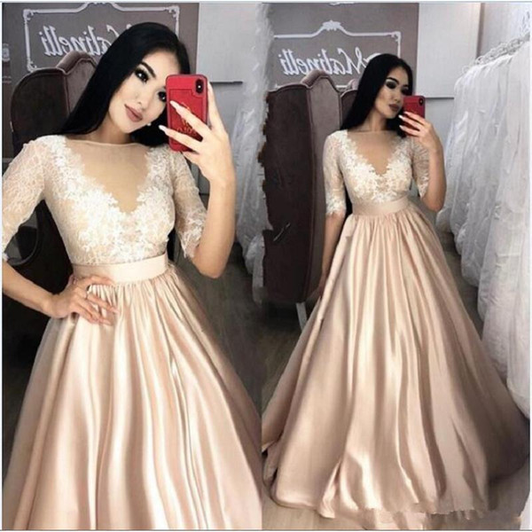 Elegant Sheer Jewel Neck Long Sleeve Evening Dresses A Line Appliques Sweep Train Formal Occasion Party Prom Gown Custom Made Hot Sale