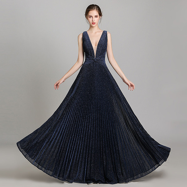 New Soft Fabric V Neck Evening Dresses Navy Blue Backless A Line Pick-ups Shining Formal Occasion Prom Gown Hot Sale Real Image