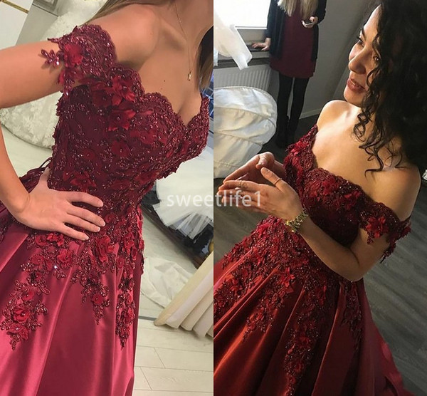 Dark Red Off The Shoulder Evening Dresses Lace 3D Flora Appliques Elastic Satin Formal Occasion Prom Party Dresses Custom Made