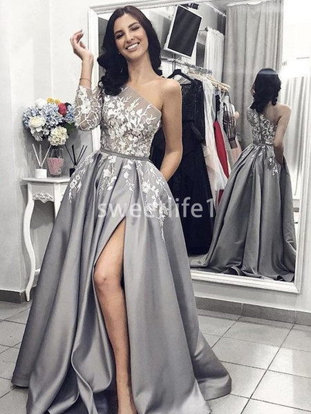 Gorgeous One Shoulder Long Sleeve Evening Dresses White Appliques Sexy Side Split Silver Satin A Line Formal Occasion Party Gown