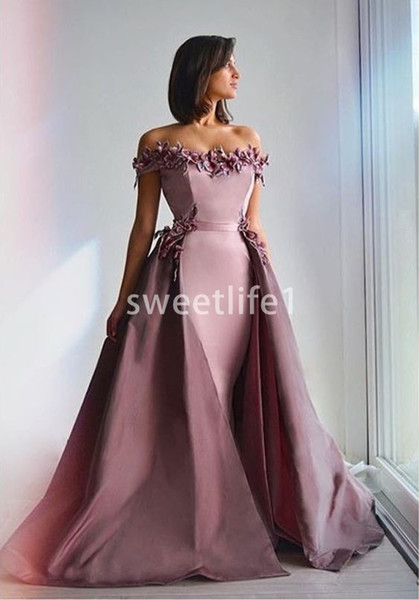 Dubai Arabic Style Off The Shoulder Evening Dresses With 3D Flora Appliques Detachable Train Sweep Train Formal Occasion Prom Dresses