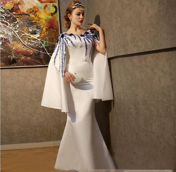 White Saudi Arabia Mermaid Evening Dresses Satin Long Sleeves Blue Appliques Formal Prom Party Gown Plus Size