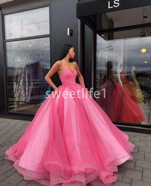 Hot Pink Sweetheart Evening Dresses Tulle Floor Length Zipper Back Ruffles Organza Tiered Skirts Formal Prom Party Dresses Hot Sale