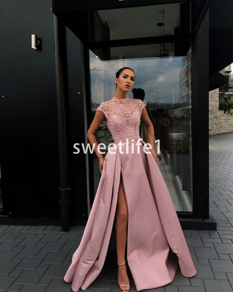 Blush Pink Short Sleeve Evening Dresses Lace Appliques A Line Satin Side Split Formal Occasion Prom Party Gown Custom Made