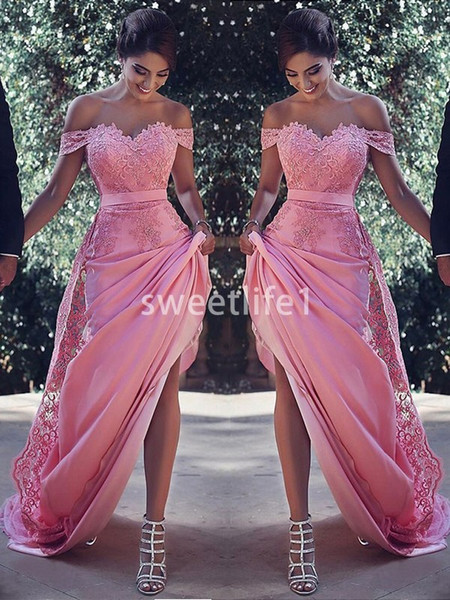 Saudi Arabic Hot Pink Evening Dresses Off The Shoulder Lace Appliques Sweep Train Satin Elegant Formal Occasion Prom Party Dresses