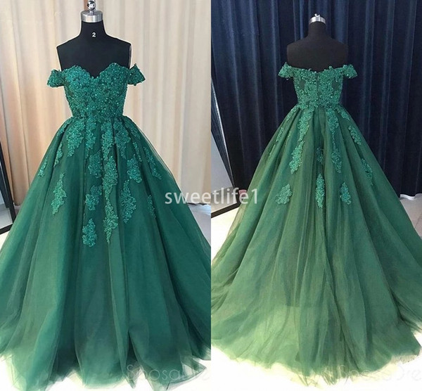 Dark Green Off The Shoukder Evening Dreses Lace Appliques A Line Floor Length Zipper Back Formal Occasion Prom Party Dresses