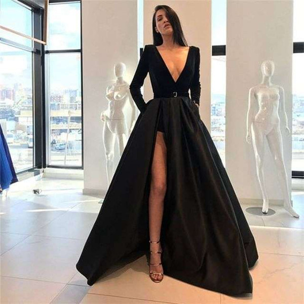 Simple Black V Neck Evening Dresses Long Sleeve Sexy Side Split A Line Formal Occasion Prom Party Dresses Custom Made