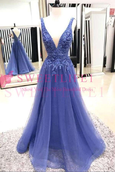 Cheap Navy Blue Evening Dresses V Neck Backless Tulles Appliques A Line Floor Length Formal Evening Occasion Party Dresses Custom Made