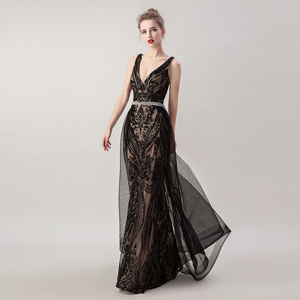 Charming Crystal Sashes Evening Dresses Sweety V-neck Sequined Detachable Floor Length Criss-cross Backless Prom Gown