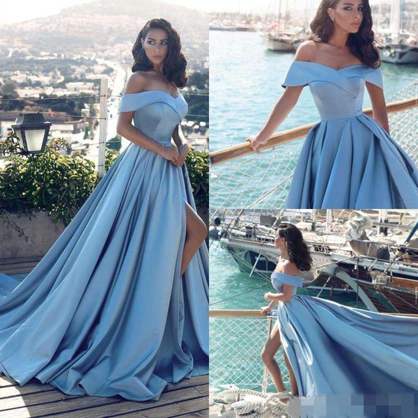 Modern Arabic Light Blue Formal Evening Dresses Elegant Off The Shoulder Front Split Cheap Long Prom Gowns