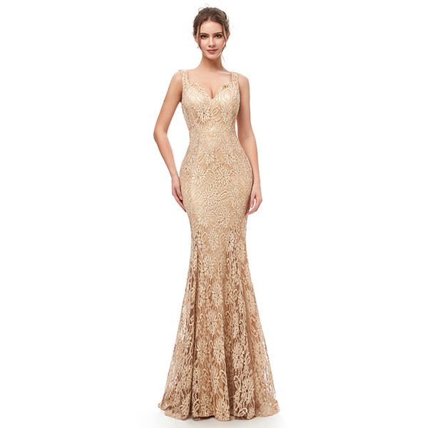 High Quality Gold Evening Dresses Charming New Arrivals Sweety Lace V-neck Mermaid Floor Length Elegant Long Prom Dresses