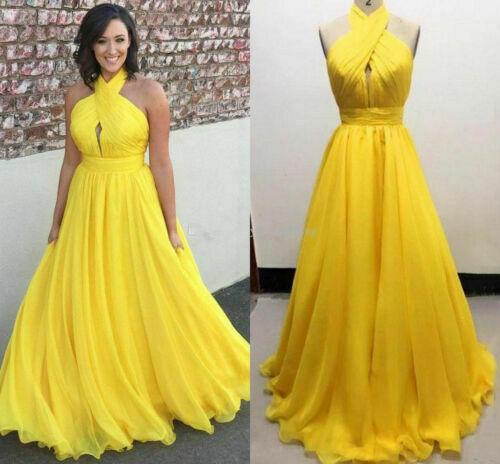 Yellow Halter Neck Chiffon Evening Dresses Floor Length Backless A Line Formal Occasion Party Evening Dresses Custom Made