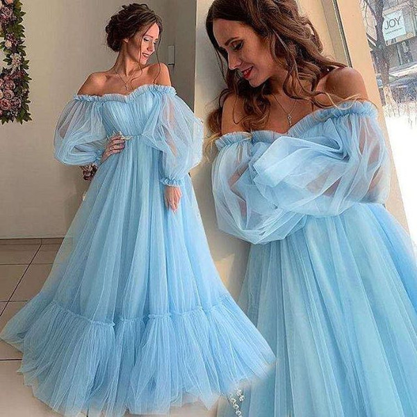 New Light Sky Blue Evening Dresses Off The Shoulder A Line Long Sleeve Tulle Formal Occasion Prom Party Dresses Custom Made