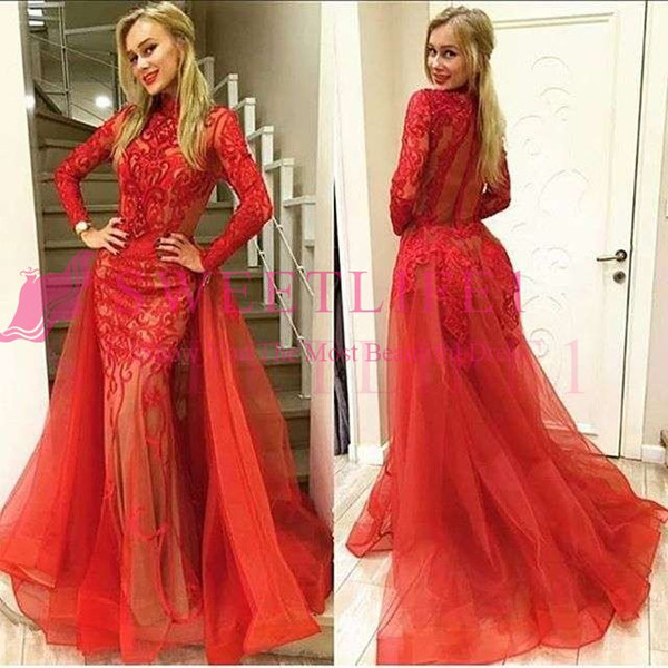 Red Long Sleeve Evening Dresses Red Appliques Overskrit Mermaid See Though Mermaid Formal Prom Occasion Dresses Custom Made Hot Sale