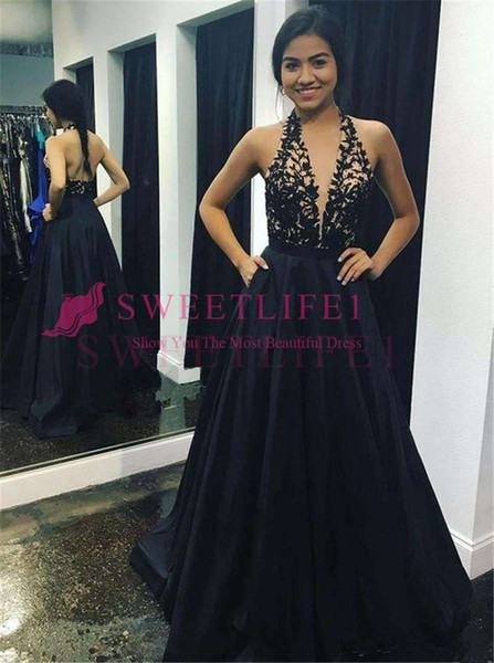 Black Halter Neck Evening Dresses Black Appliques A Line Backless Elegant Floor Length Formal Occasion Prom Dresses Custom Made