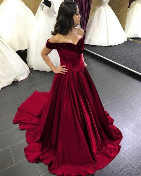 Elegant Dark Red Off The Shoulder Evening Dresses Sweep Train A Line Zipper Back Dubai Arabic Style Formal Occasin Party Prom Dresses