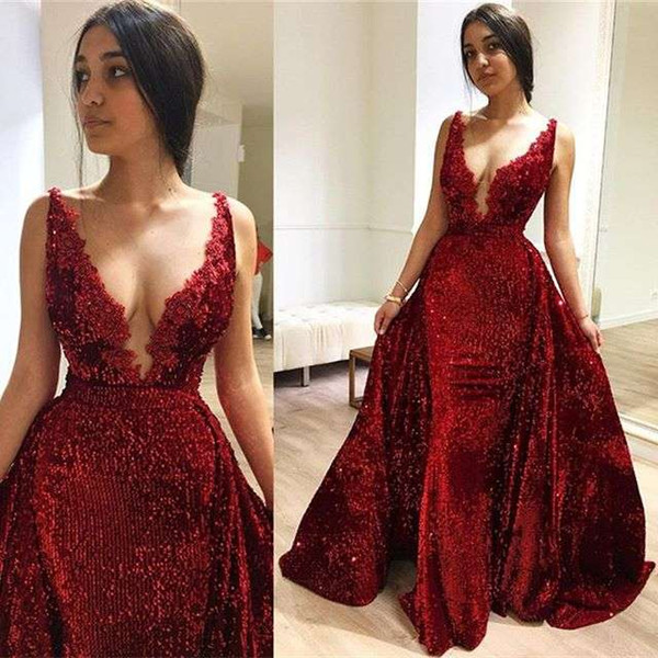 2918 Gorgeous V Neck Evening Dresses Sparkly Dark Red Sequins Overskirts Dubai Arabic Style Formal Occasion Prom Party Dresses Custom Made