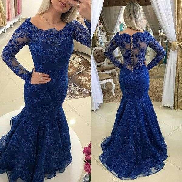 Vintage Bateau Neck Evening Dresses Beaded Pearls Long Sleeve Mermaid Lace Formal Occasion Party Prom Dresses Custom Made