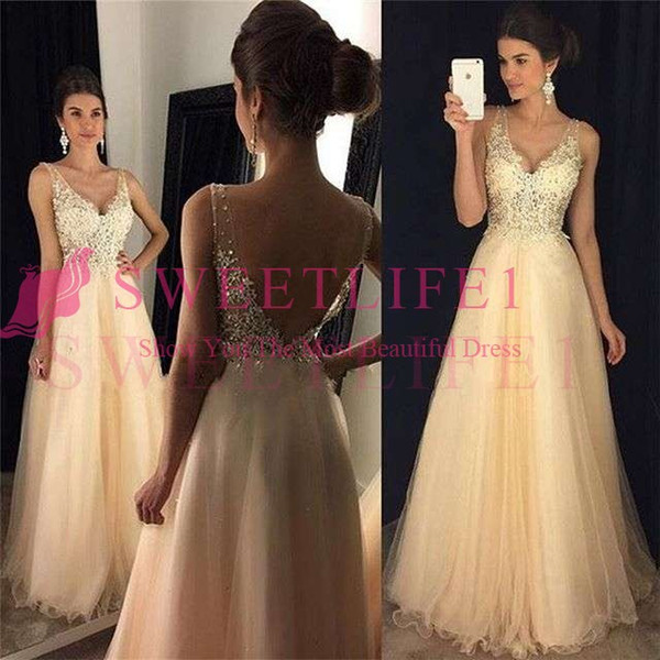 Elegant V Neck Evening Dresses Appliques Beaded A Line Floor Length Formal Occasion Party Dresses Custom Made Hot Sale