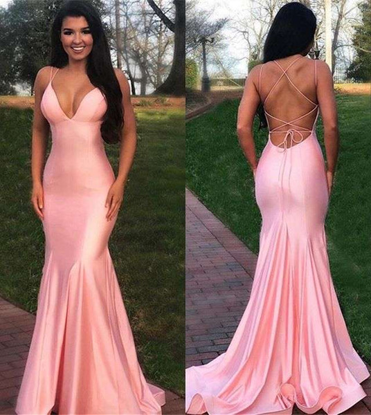 Elegant Spaghetti Evening Dresses Mermaid Pink Criss Cross Back Sweep Train Formal Occasion Prom Party Dresses Custom Made Hot Sale