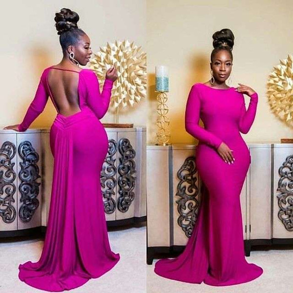 Sexy Backless Fuchsia Evening Dresses Bateau Neck Mermaid Long Sleeve Sweep Train Formal Occasion Prom Party Dresses Custom Made