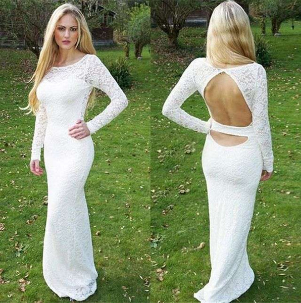 White Lace Long Sleeve Evening Dresses Sexy Backless Mermaid O Neck Floor Length Formal Occasion Prom Party Dresses Custom Made