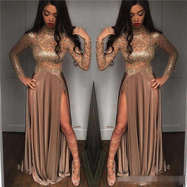 African Gorgeous Beaded Champagne Sequined Evening Dresses Long Sleeves Prom Gowns Vestidos Special Occasion Dresses Evening Wear