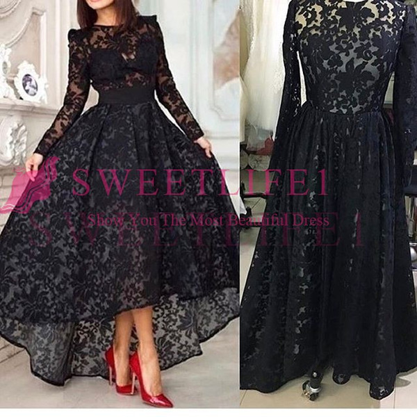 Saudi Arabic Style A Line Evening Dresses Jewel Neck Long Sleeve Hi Low Black Lace Formal Occasion Prom Dresses Custom Made