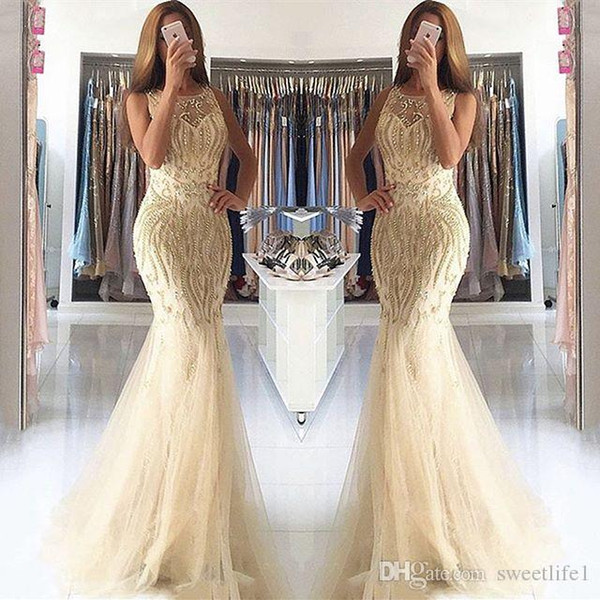 Luxury Elegant Crystals Beaded Evening Dresses Mermaid Tulle Formal Occasion Party Gown robes de soirée