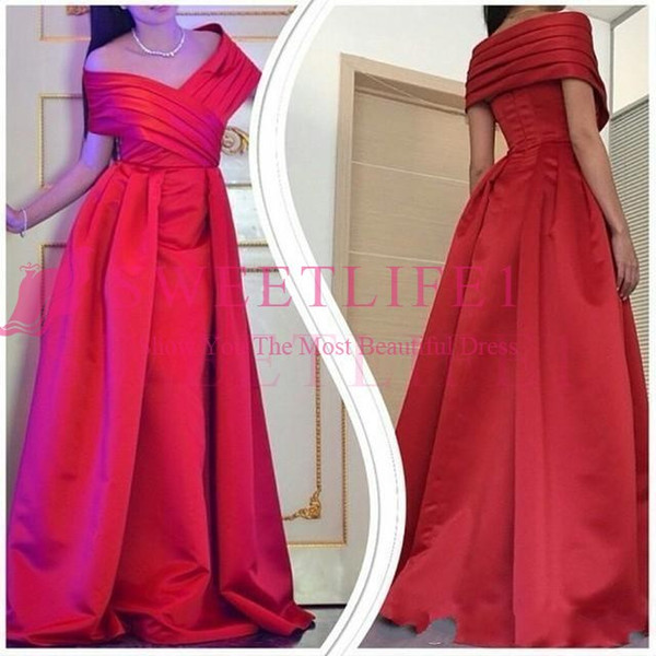 Red Formal Dresses Evening Wear Off the Shoulder Capped Sleeves Ruched Satin Long Elegant Gowns Prom Dress