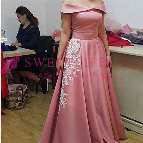 Rose Pink Dubai Styke Evening Dresses Off The Shoulder A Line Sweep Train Satin White Appliques Formal Occasion Prom Dresses Custom