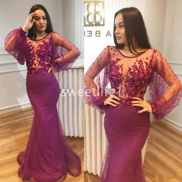 Elegant Long Sleeve Evening Dresses Luxury Pearls Mermaid Sheer Jewel Neck Lace Appliques Formal Occasion Prom Party Dresses