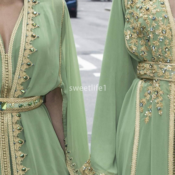 Morcan Kaftan Sage Chiffon Evening Dresses V Neck Beaded Appliques A Line Long Sleeve Floor Length Formal Occasion Prom Party Gown