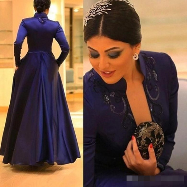 Custom Made Sequins Dark Blue Evening Dresses High Neck Long Sleeve Floor Length Charming Party Gowns Prom Dress