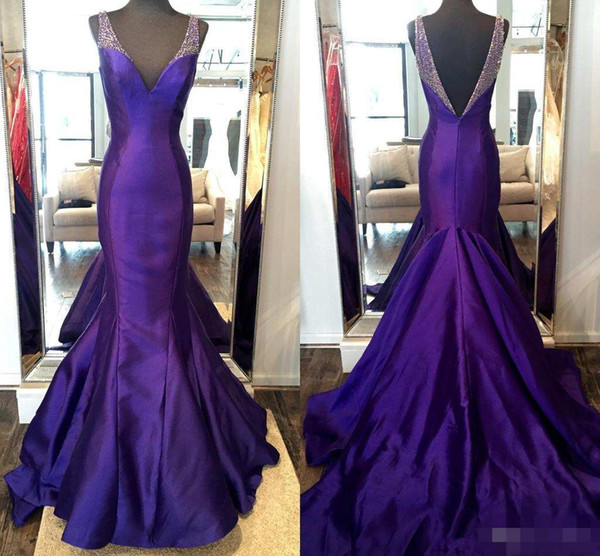 Regency Purple Mermaid Evening Dresses V Neck Sequins Beaded Satin Long Backless Pageant Dresses African Prom Dresses Sweep Train